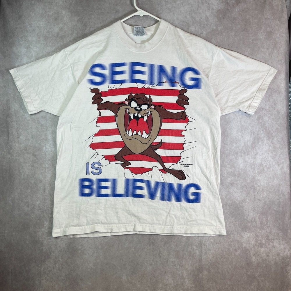 VINTAGE Taz Looney Tunes Seeing is Believing Shirt Adult XL White Tee 90s USA